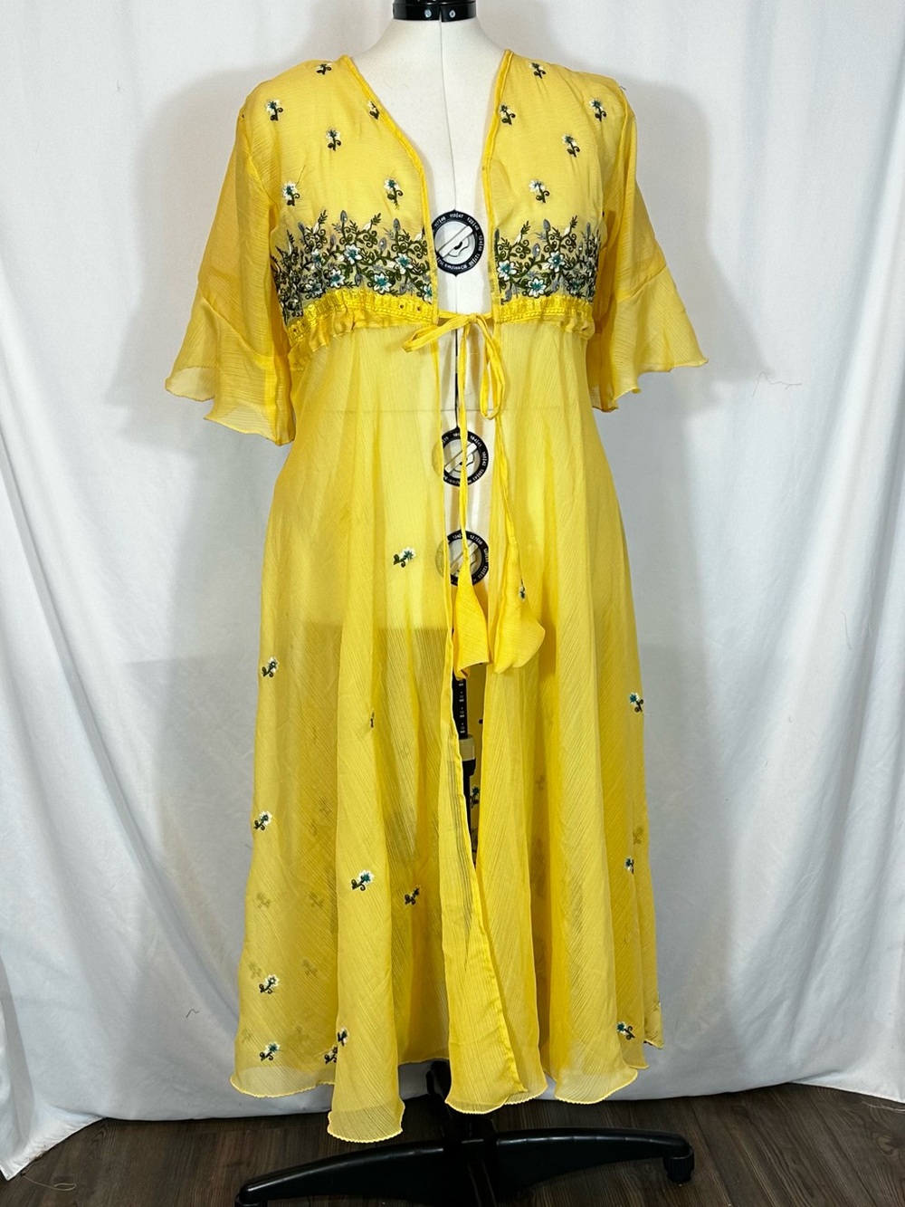 Embroidered Yellow Sheer Maxi Dress with Tie Front